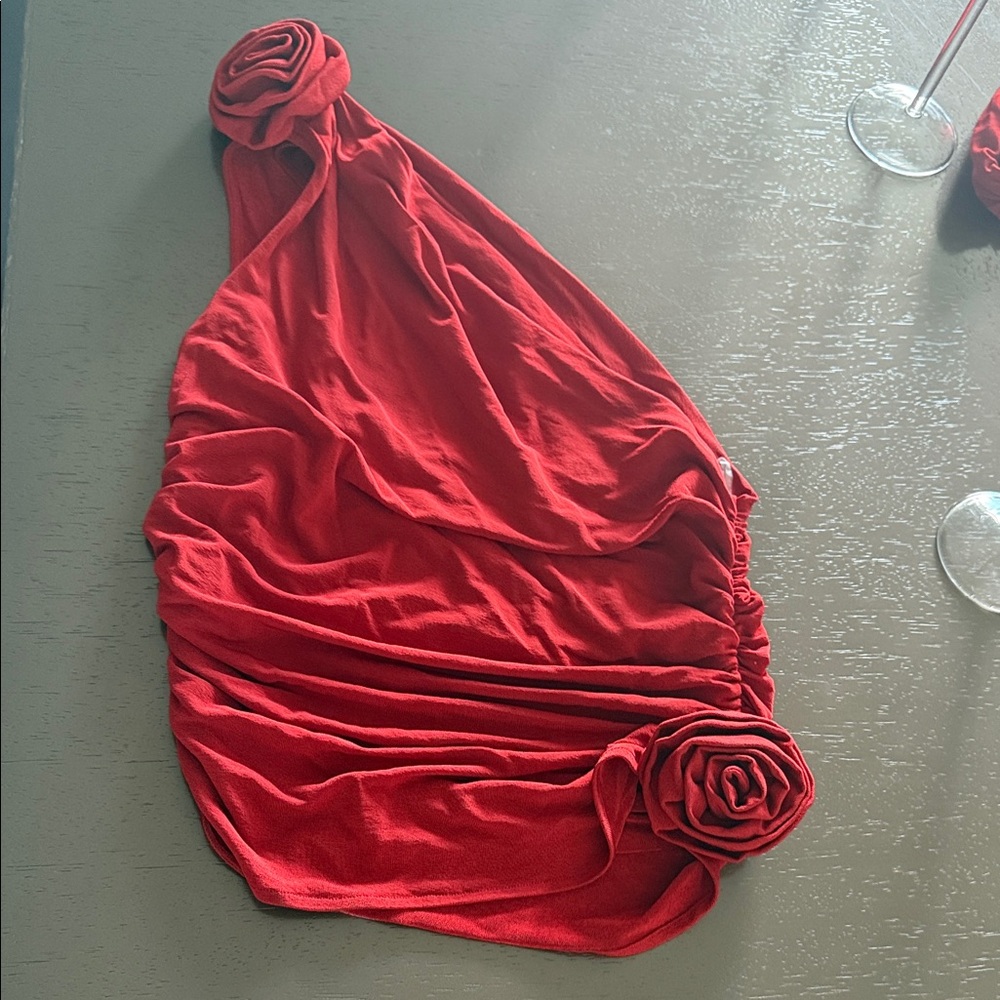 Magda Butrym Red One-Shoulder Blouse with Rosette Accents